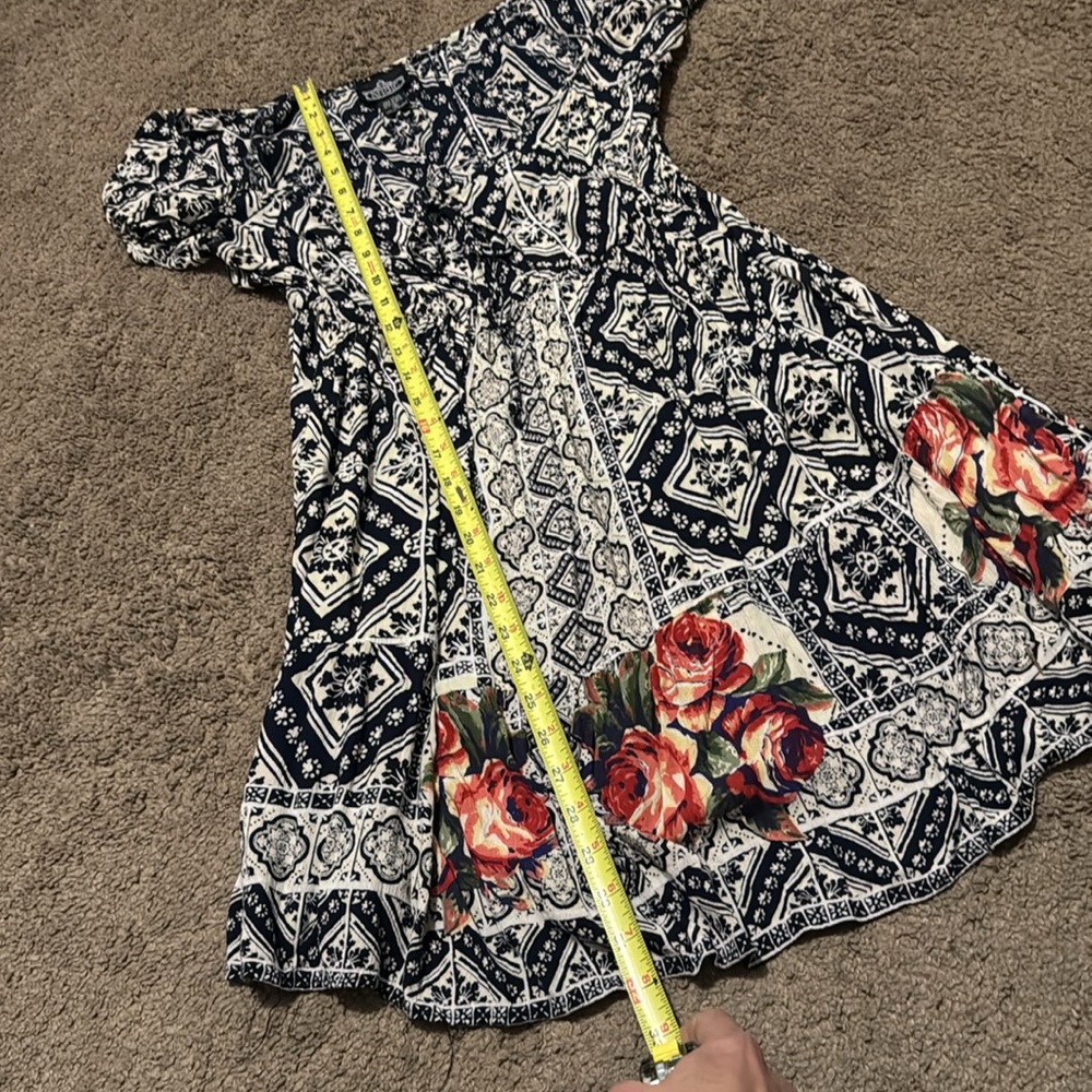 Angie brand-Pop Over Dress-Sz M-Rayon-NavyWhite/Floral-Boho Chic-Deep V Neck - Picture 9 of 11